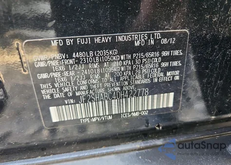 2013 Subaru Forester 2.5X from USA, damaged, VIN JF2SHABC4DH422778